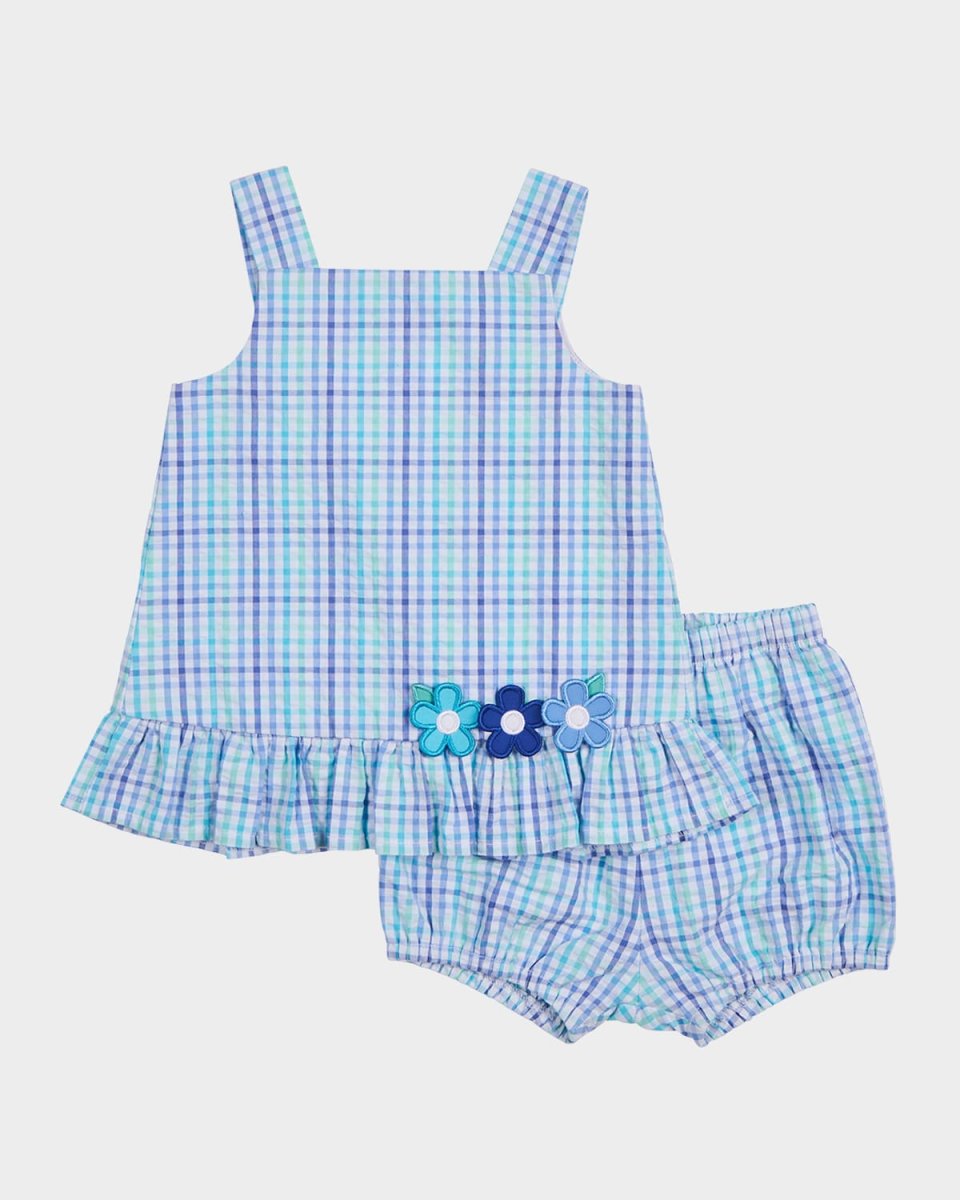 Girl's Flower Plaid Seersucker Dress and Bloomers Set, Size 6M-24